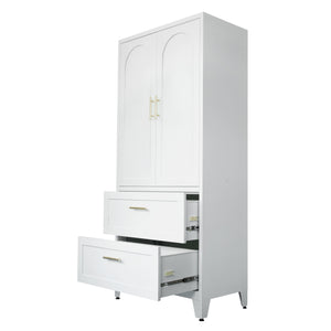 English Elm 71" Tall Metal Wardrobe Cabinet with 2 Drawers, Adjustable Shelf & Hanging Rod — Space-Saving White Closet Organizer W3387P351602