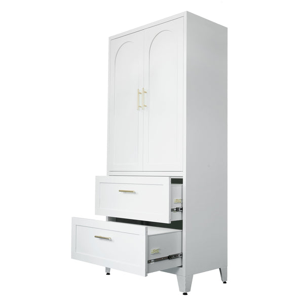 English Elm 71" Tall Metal Wardrobe Cabinet with 2 Drawers, Adjustable Shelf & Hanging Rod — Space-Saving White Closet Organizer W3387P351602