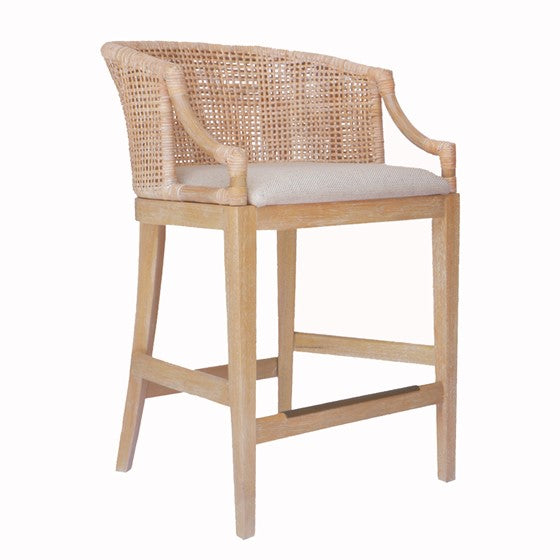 English Elm Handcrafted Playa Rattan Counter Stool 25" H — Natural Whitewash Back, Linen Cushion, Antique Bronze Guard B035129478