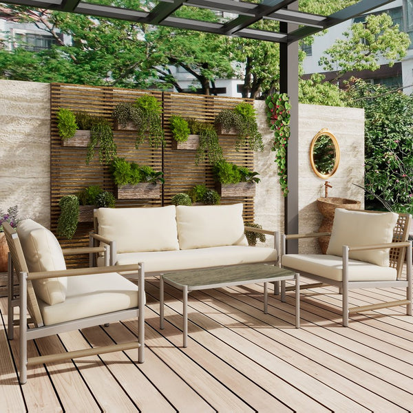 English Elm 4 Piece Patio Rattan Set with High-Rebound Cushions and Wood-Grain Tempered Glass Tabletop, Stylish Outdoor Conversation Sofa for Garden Balcony Poolside White+Natural W2337S00002