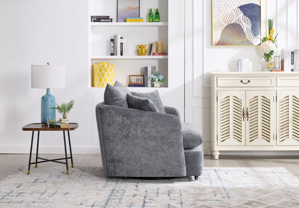 English Elm 360° 360 Swivel Oversized Chenille Armchair with Pocket Spring Seat and Three Throw Pillows Grey W1361S00053