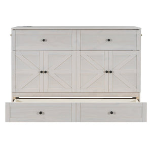 English Elm Queen Murphy Wall Bed with Usb Ports Storage Drawers and Cabinet Style Panel Front White N708S00006AAK