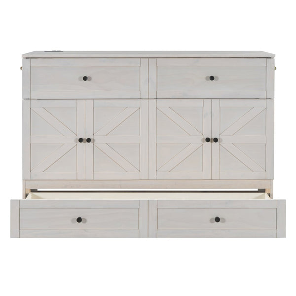 English Elm Queen Murphy Wall Bed with Usb Ports Storage Drawers and Cabinet Style Panel Front White N708S00006AAK