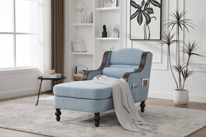 English Elm UNITED Oversized Chaise Lounge Sofa Bed with Solid Wood Arms, High-Resilience Foam, 800lb Capacity and Storage Pockets Light Blue W1568S00209