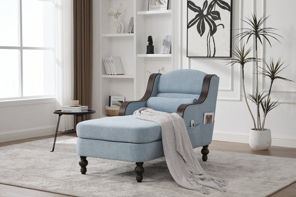 English Elm UNITED Oversized Chaise Lounge Sofa Bed with Solid Wood Arms, High-Resilience Foam, 800lb Capacity and Storage Pockets Light Blue W1568S00209