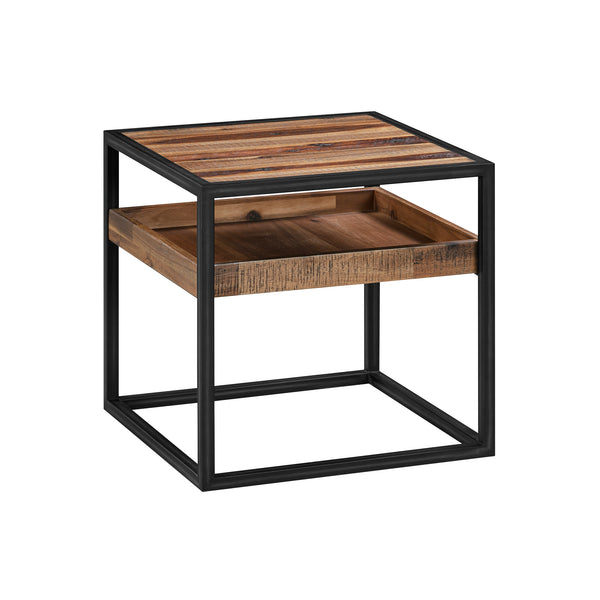 English Elm Ulera Acacia Square End Table with Shelf and Black Metal Frame — Two-Tier, Weatherproof Hardwood B2736P354397