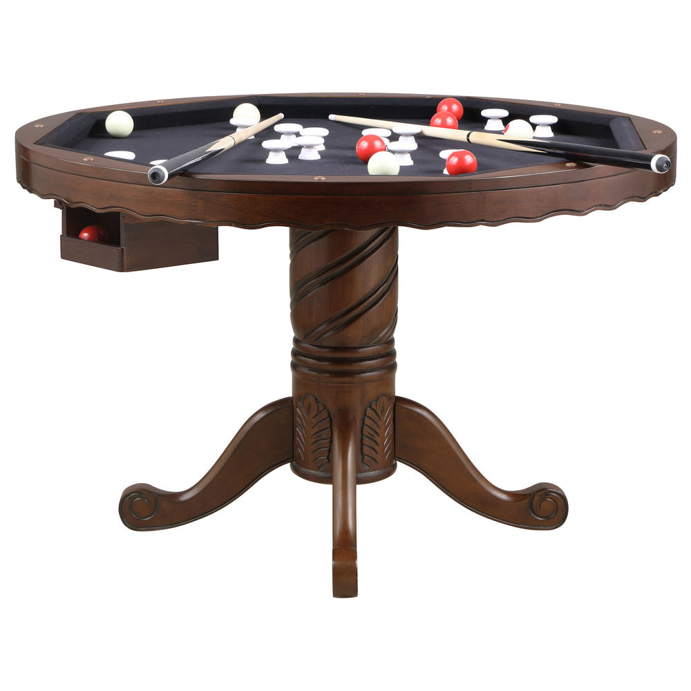 English Elm Brenton Round Tobacco Game Table with Pedestal Base, 8 Cupholders & Carved Ribbon Motif Elegance B062S01102