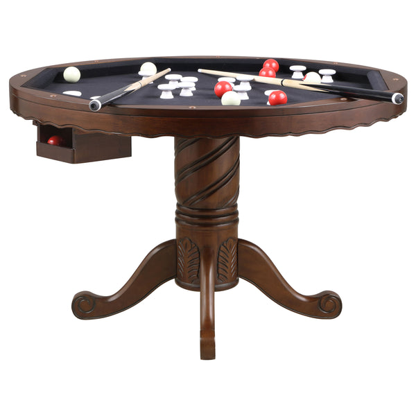 English Elm Brenton Round Tobacco Game Table with Pedestal Base, 8 Cupholders & Carved Ribbon Motif Elegance B062S01102
