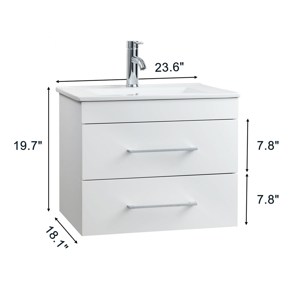 English Elm 24-Inch White Gloss Wall-Mounted Bathroom Vanity With Soft-Close Drawers & Sleek Ceramic Sink W3151S00016