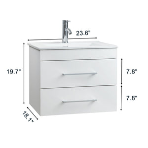 English Elm 24-Inch White Gloss Wall-Mounted Bathroom Vanity With Soft-Close Drawers & Sleek Ceramic Sink W3151S00016