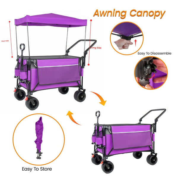 English Elm Multi-functional Heavy Duty Folding Wagon with Canopy Steel Frame All Terrain Wheels Purple W2932P417647