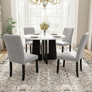 English Elm 5-Piece Round Dining Set with 43" Modern MDF Table and 4 Upholstered Fabric Chairs for Compact Spaces White+gray N752S001055E