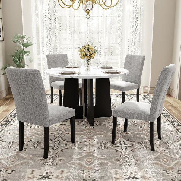 English Elm 5-Piece Round Dining Set with 43" Modern MDF Table and 4 Upholstered Fabric Chairs for Compact Spaces White+gray N752S001055E