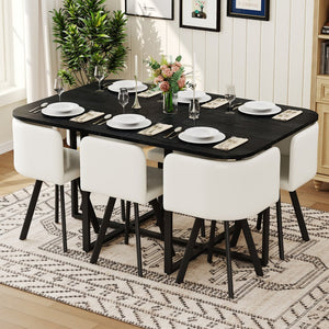 English Elm 7 Piece Modern Dining Set Black Wood Grain Table with Six Faux Leather Chairs W3875S00095