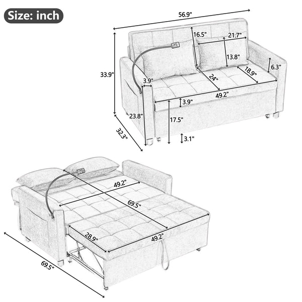 English Elm 56.9" Loveseat Sofa Bed with Chenille Upholstery, USB Ports, Phone Holder, Side Pockets, Reclining Backrest Green N719P208853F