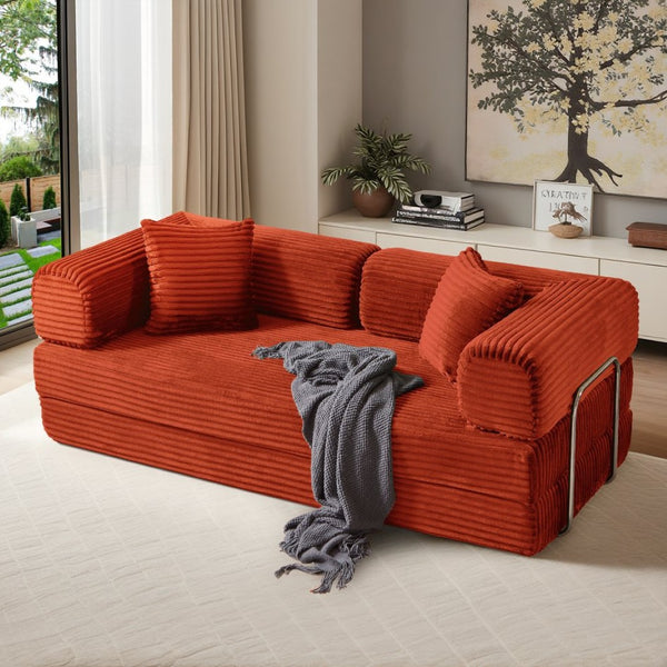 English Elm Compression Foldable Floor Sofa Bed Corduroy Futon with Foam Support for Small Spaces Orange W3716P379191