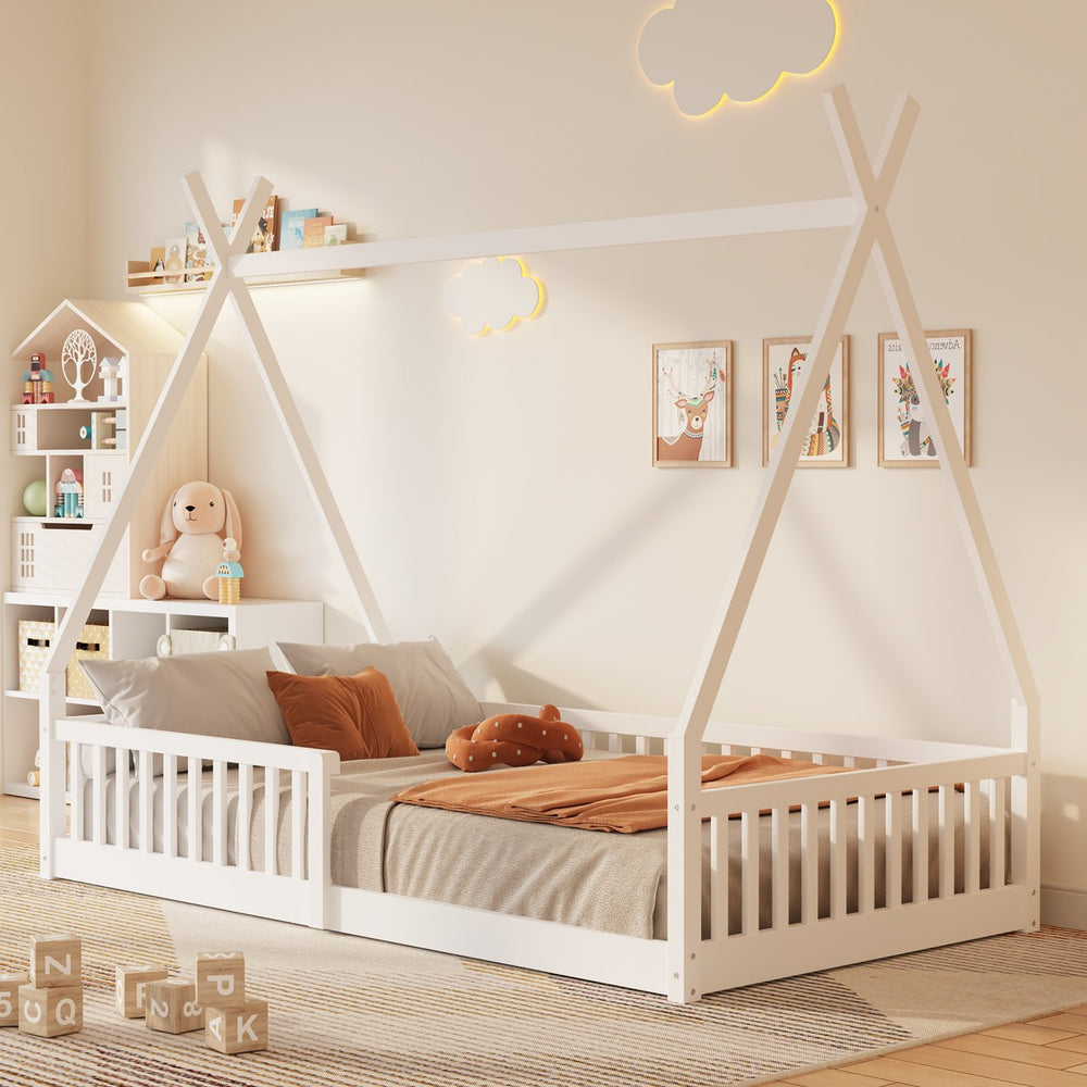 English Elm Twin House Bed with Roof and Fence for Kids – Sturdy Pine Frame, Vintage Wash Design, Safe Sleep Space White N709P183348K
