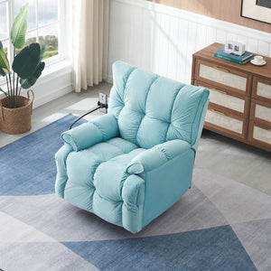 English Elm Single Teddy Upholstered Recliner Chair with Solid Wood Frame, Sponge Cushions & Phone Stand, Adjustable Back to 150° Cyan W1278P212865