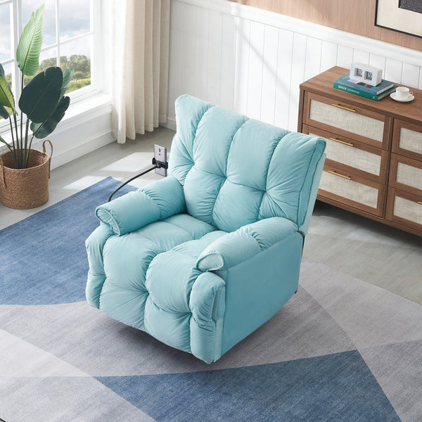 English Elm Single Teddy Upholstered Recliner Chair with Solid Wood Frame, Sponge Cushions & Phone Stand, Adjustable Back to 150° Cyan W1278P212865