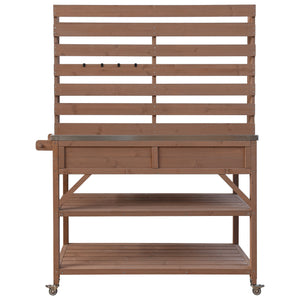 English Elm K&K 64.9" Outdoor Potting Bench with 1.2" Stainless Steel Top, Lockable Wheels, Hutch & Drawers Brown N707P228274Z