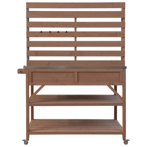 English Elm K&K 64.9" Outdoor Potting Bench with 1.2" Stainless Steel Top, Lockable Wheels, Hutch & Drawers Brown N707P228274Z