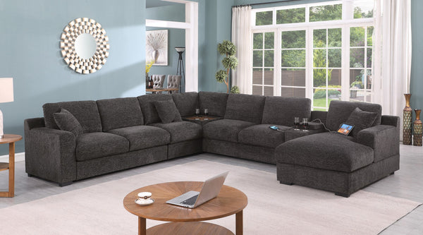 English Elm Chiara Chenille Sectional Sofa with Chaise Cupholders Usb Charging Ports Living Room Gray B2749S00235