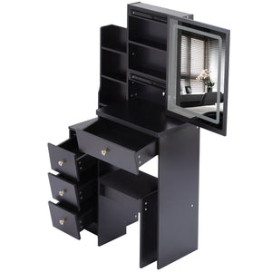 English Elm 29.2" Compact Vanity Set With Led Mirror, Cushioned Stool & Ample Storage For Small Spaces W936P202365