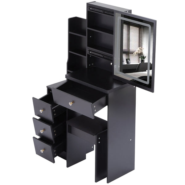 English Elm 29.2" Compact Vanity Set With Led Mirror, Cushioned Stool & Ample Storage For Small Spaces W936P202365
