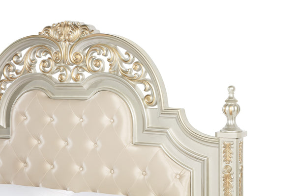 English Elm Lyon Tufted Faux Leather King Bed with Carved Finials in a Champagne Glam Frame B078S00601