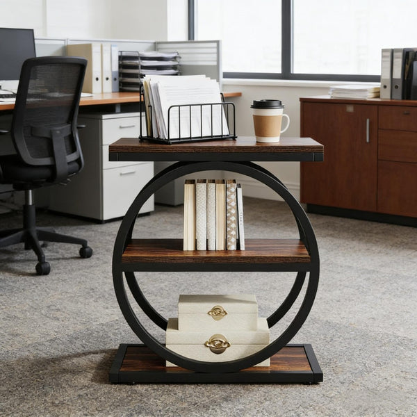 English Elm Modern Two Tier End Table Black Metal Frame Wood Grain Surface for Living Room T3971P451267