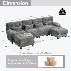 English Elm 119" 4-Seater Sofa with 2 Ottomans - Adjustable 4-Position Backs, 350lb Seats, Soft Chenille, Pillows Gray W2606S00037