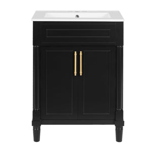 English Elm 24" Bathroom Vanity with Integrated Ceramic Sink and Adjustable Shelf, Vintage Hardware, Space-Saving Design Black N710P277711B