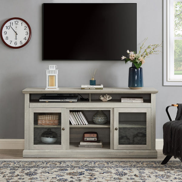 English Elm Contemporary Stone Gray TV Stand 60" Modern Entertainment Console for TVs up to 65" with Glass Cabinets and Adjustable Shelves W2275P389702