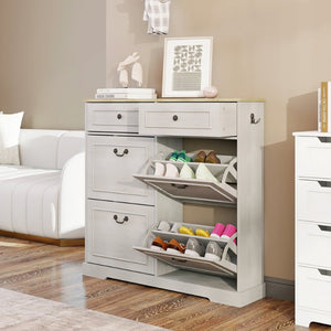 English Elm Shoe Storage Cabinet - Stylish Antique White Organizer With 4 Flip Drawers & Adjustable Shelf For Entryway W1120P290633-GIGA