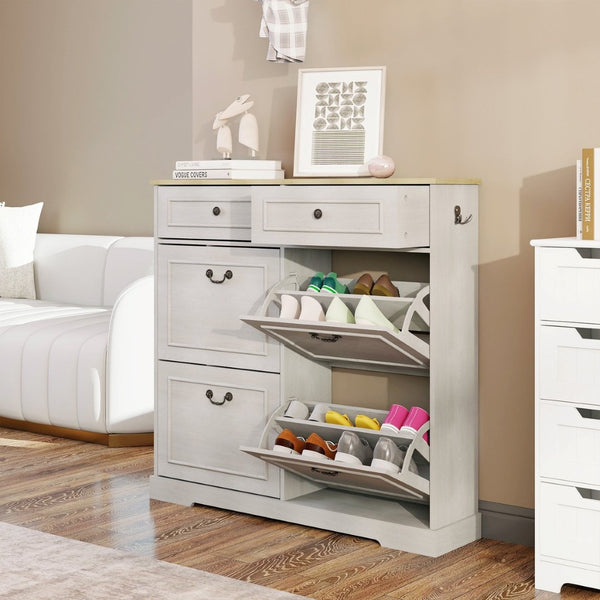English Elm Shoe Storage Cabinet - Stylish Antique White Organizer With 4 Flip Drawers & Adjustable Shelf For Entryway W1120P290633-GIGA