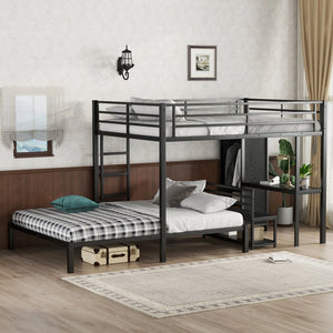 English Elm Queen Over Queen Bunk Bed Frame With Desk, Storage Chairs & Wardrobe – Space-Saving Black Design W1580S00110-GIGA