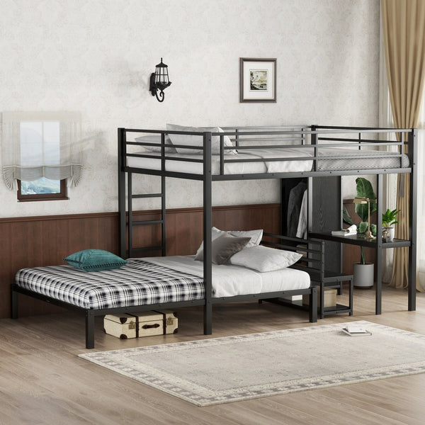 English Elm Queen Over Queen Bunk Bed Frame With Desk, Storage Chairs & Wardrobe – Space-Saving Black Design W1580S00110-GIGA