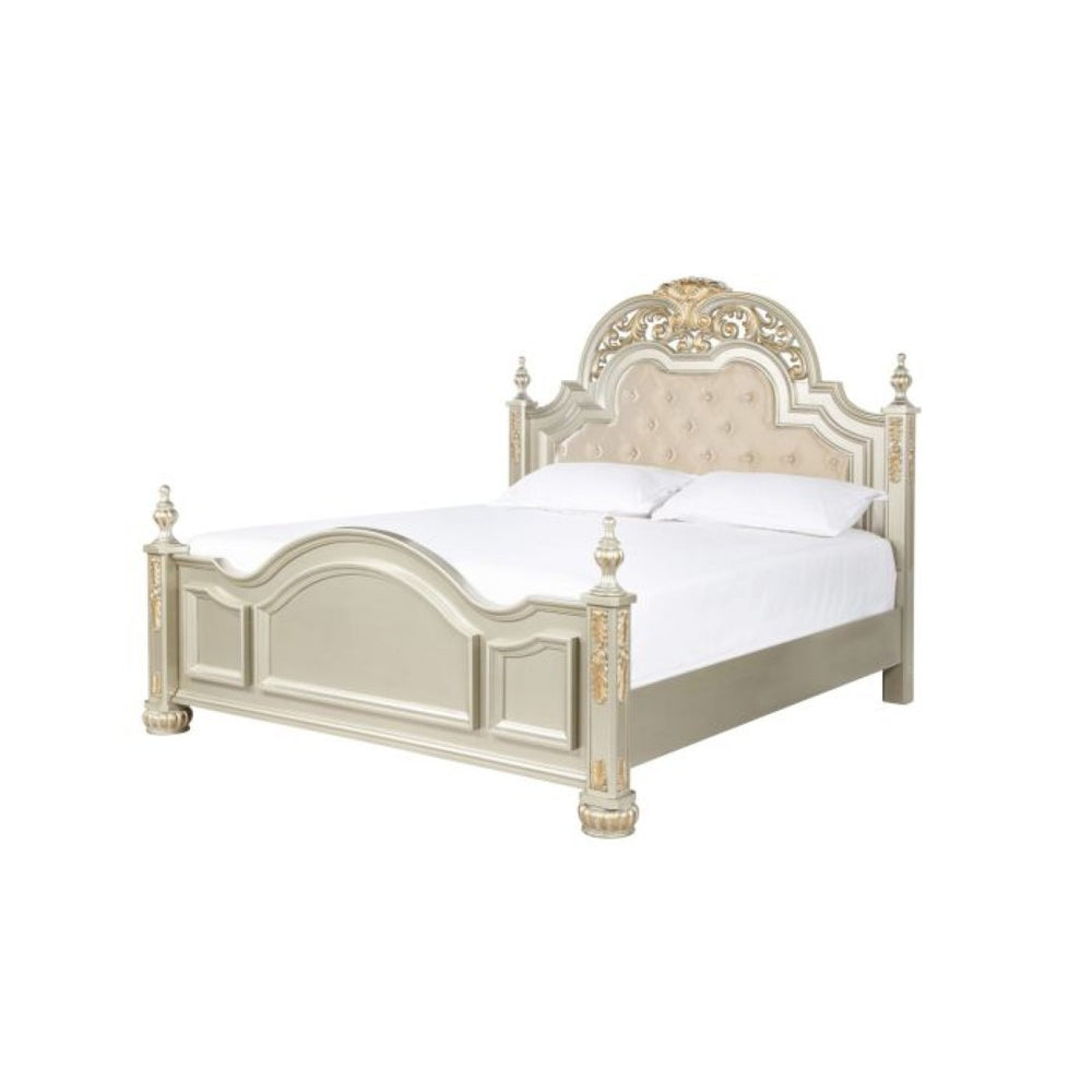 English Elm Lyon Tufted Faux Leather King Bed with Carved Finials in a Champagne Glam Frame B078S00601