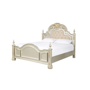 English Elm Lyon Tufted Faux Leather King Bed with Carved Finials in a Champagne Glam Frame B078S00601