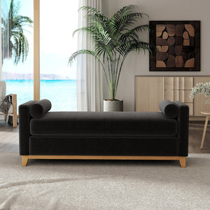 English Elm 66.34 Inch Sherpa Fleece Bench with Fluted Wood Legs Bolster Pillows Mid-century Lounge Black+Natural W1658P445920