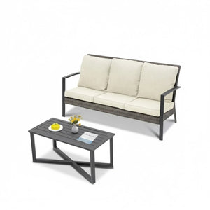 English Elm 2-piece Pe Rattan Outdoor Sofa Set with Steel Frame and Patio Coffee Table Beige B082P455165