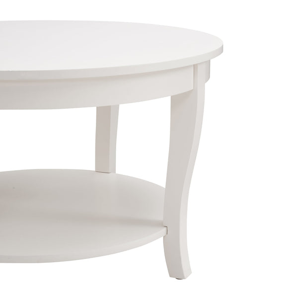 English Elm Traditional Round Coffee Table with Open Shelf, 2-Tier Solid Wood Accent Table for Small Spaces White W1693P216918