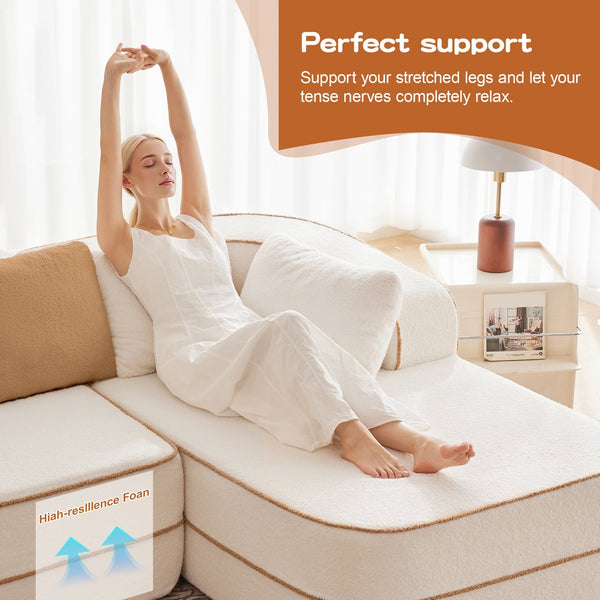 English Elm 77.2" Teddy Fabric Modular Sectional Sofa with Plush 32D Sponge, No Assembly, Cloud Comfort White W714S01416