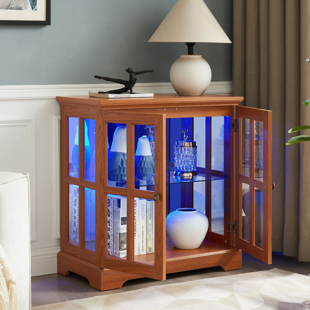 English Elm Elegant LED Antique Glass Cabinet with Bluetooth LED Colors, Adjustable Glass Shelves, Vintage Oak Finish W1758P300121