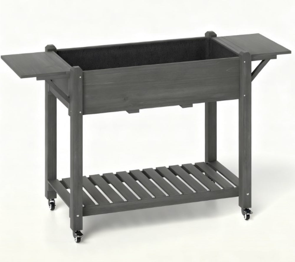 English Elm Convenient Carbonized Fir Wood Raised Planter Box with Wheels Side Tables and Storage T3971P423497