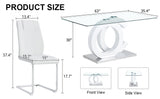 English Elm 1 Table and 4 Chairs Set.63"X35.4 Rectangular Transprant Tempered Glass Dining Tabletop With White Mdf Oc Shaped Bracket.Paried With 4 White High-Quality Pu Chairs With Silver Metal Legs.