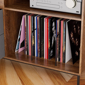 English Elm Record Player Stand with Vinyl Storage Mid-century Wood Console for Living Room T2398P438826