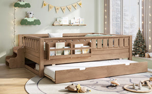 English Elm Twin Kids Platform Bed with Trundle Staircase Bookshelf and Rounded Safety Rails Natural W1580S00561