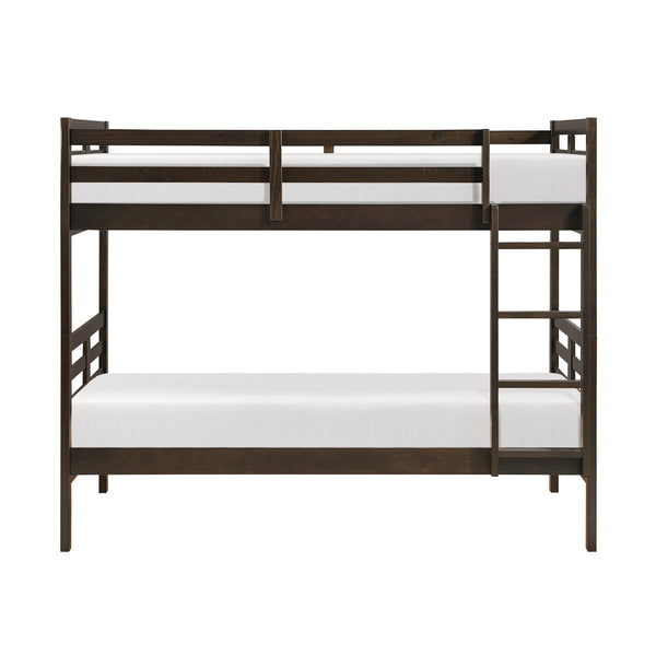 English Elm Twin Twin-over-Twin Bunk Bed with Guard Rails and Integrated Ladder, Oak-Veneer Durable Frame, Space-Saving Design Dark Brown 44 L x 34.5 W x 7 H B011S01851