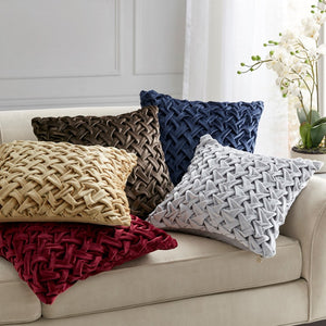 English Elm Square Velvet Throw Pillow Hand Pintucked Ruched Surface with Goose Feather Insert B035129204